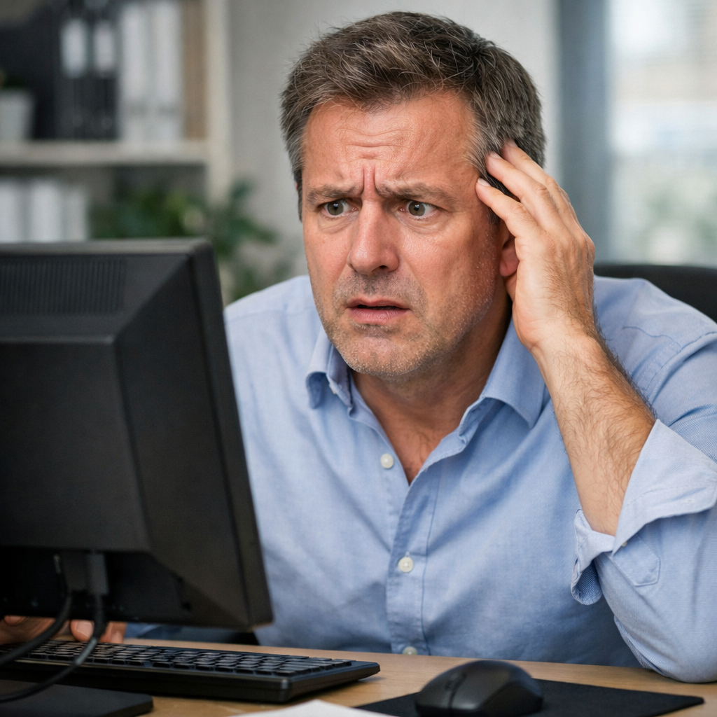 Wir brauchen ein fotorealistisches Bild dass Einen Mann mittleren Alters vor dem PC zeigt mit verwirrtem gesicht Das ist der TextabschnittWarum viele